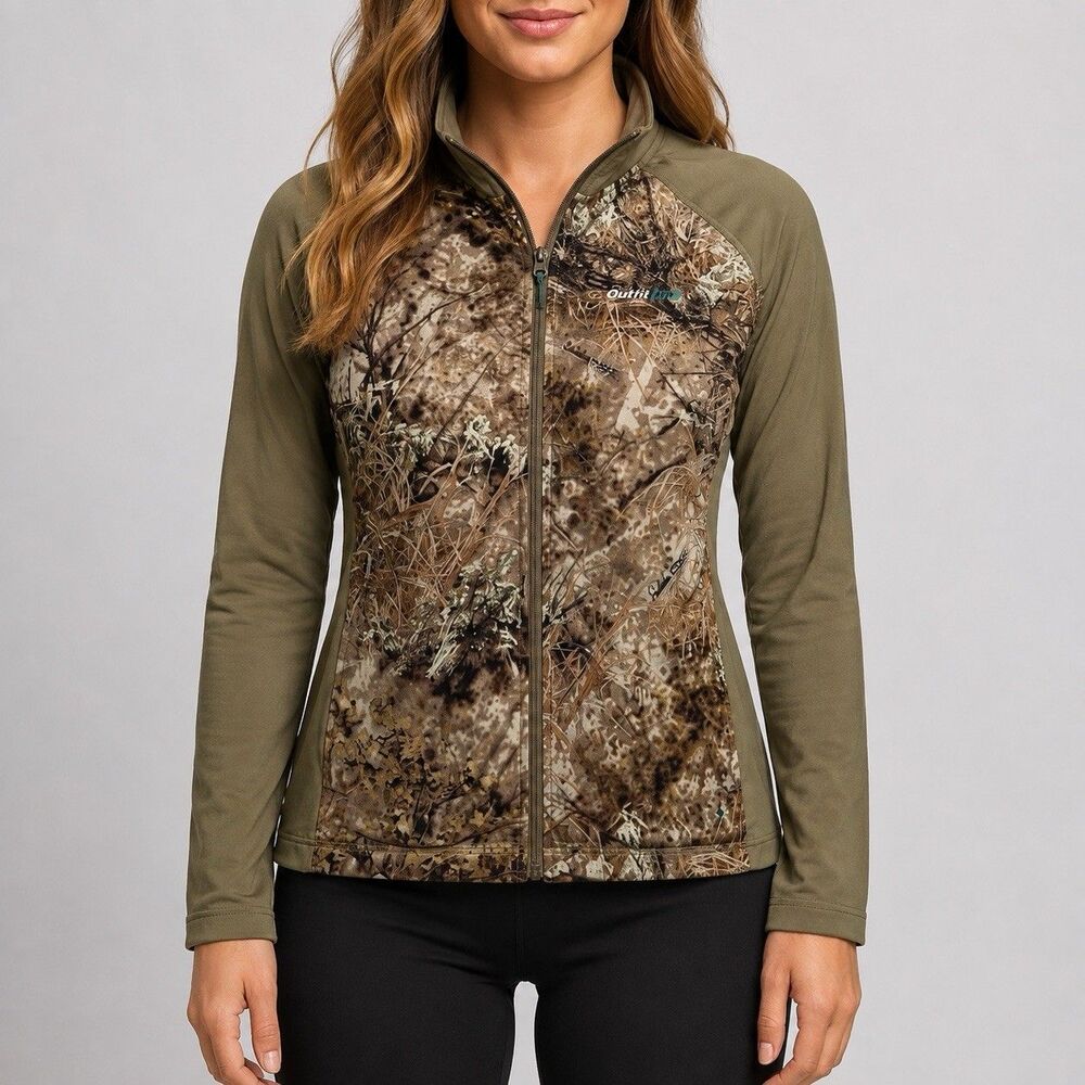 Real Tree Camo Jacket Women’s Medium Teal Trim Full Zip Lightweight Soft Shell